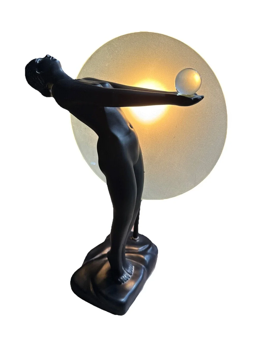 Art Deco Porcelain Nude Woman Back Pose Crystal Ball Frosted Sphere Moon Lamp